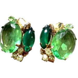 Vintage Gold-Tone Clip-On Earrings With Large Faceted Green Stones & Leaf Detail
